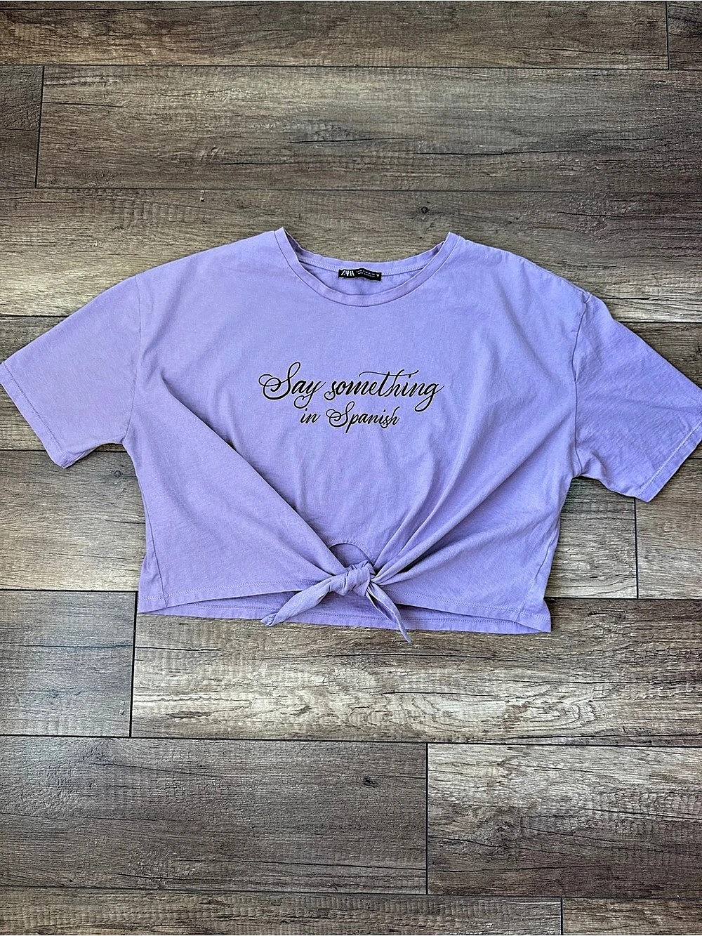 Zara Say Something in Spanish Tie Front Tee Lavender